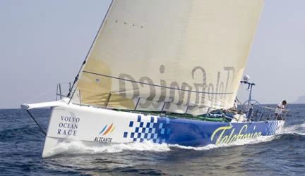 Velero Volvo 70 Telefónica Azul navegando, equipado con herrajes de JC Herrajes