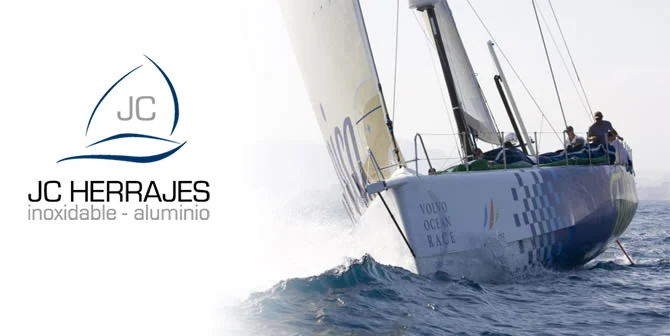 Logo de JC Herrajes, el nombre anterior de JC Barandas, junto a un velero de la Volvo Ocean Race